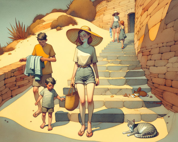 Family Walk on Sunlit Sandy Pathway with Cat