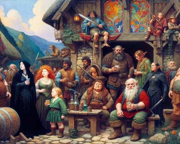 Gathering of Fantastical Characters at Rustic Tavern