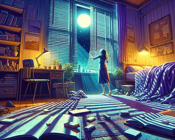 Cozy Bedroom with Moonlit Window and Books