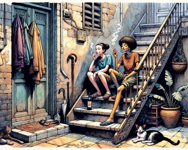 Friends Relaxing in a Cozy, Vibrant Stairwell Scene