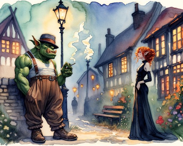 Twilight Village Scene with Ogre and Glamorous Woman