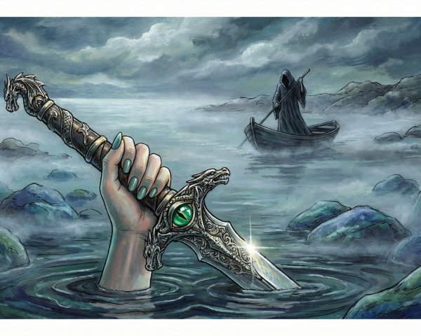 Illustration of a hand holding a sword in dark water