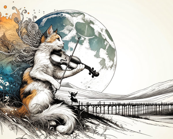 Calico Cat Playing Violin Under Stylized Moon