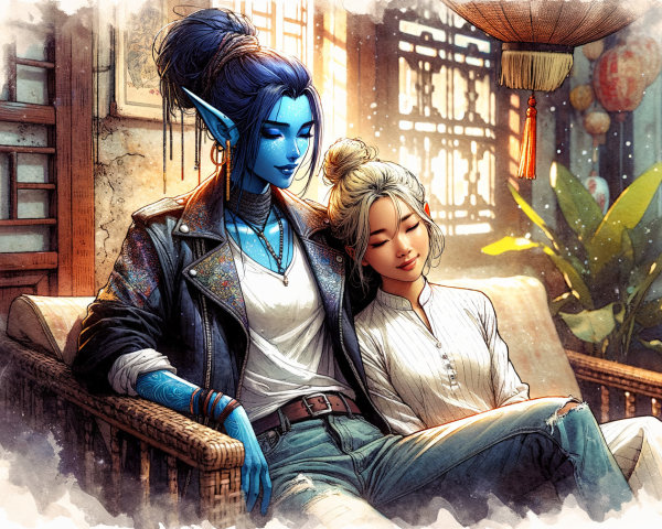 Cozy Room with Two Figures on a Wooden Bench