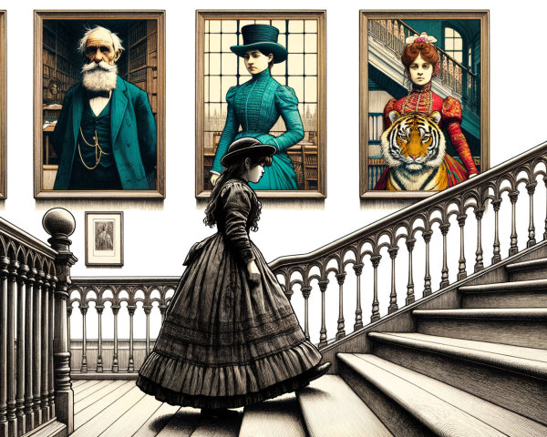 Victorian Girl Descending Grand Staircase with Portraits