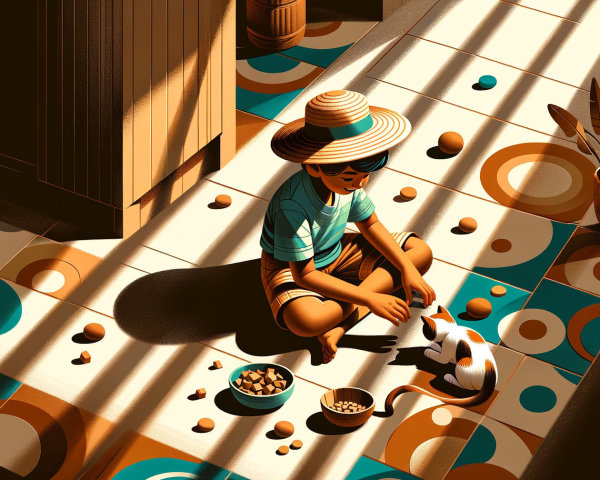 Child on Tiled Floor with Cat and Bowl of Food
