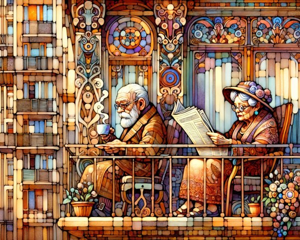 Elderly Couple on Decorated Balcony with Stained Glass