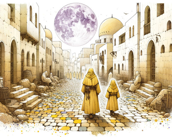 Cloaked Figures Stroll Through Ancient Town at Night