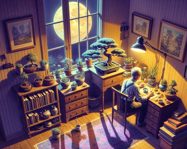 Elderly Man Tending Bonsai in Cozy Dimly Lit Room