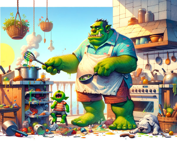 Large green ogre cooking in a chaotic kitchen scene