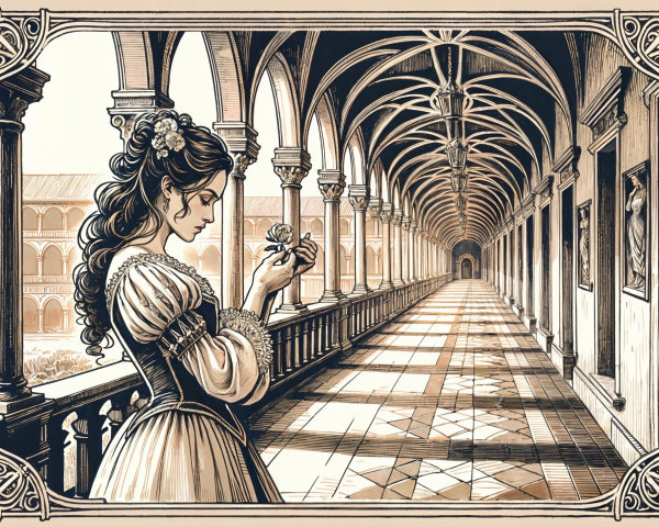 Elegant Woman in Grand Arched Corridor with Flower