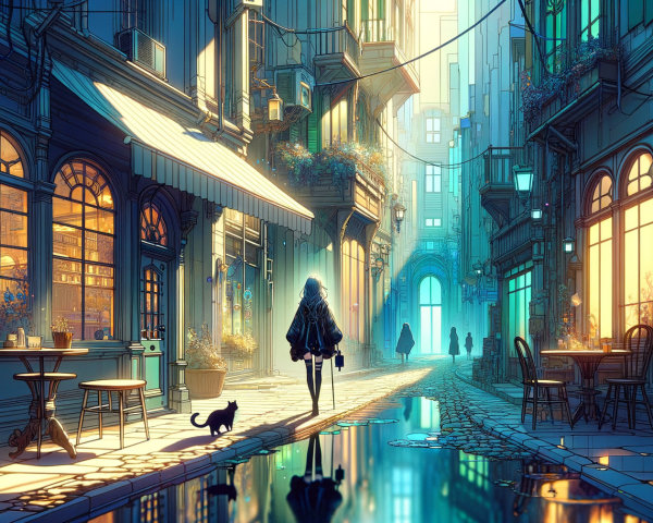 Serene Alleyway with Pastel Hues and Charming Shops