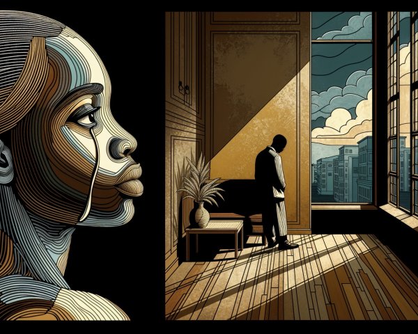 Split Scene Artwork of Woman and Somber Figure