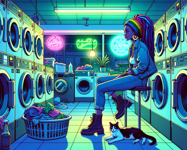 Vibrant Laundromat Scene with Colorful Braided Hair