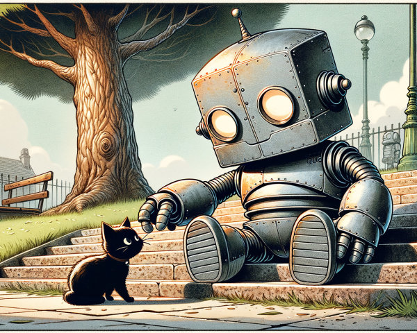 Friendly robot and black cat in a park scene