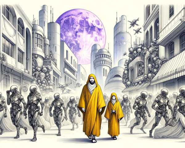 Futuristic Cityscape with Woman, Child, and Robots