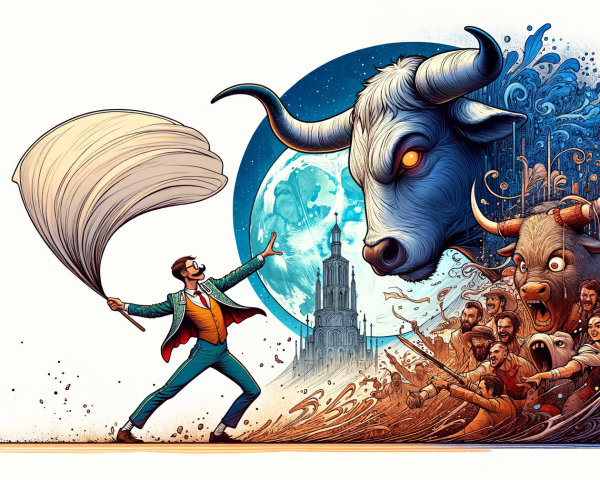 Whimsical Scene of Cotton Candy and Menacing Bull's Head