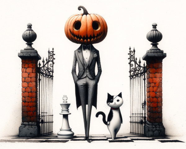 Whimsical Scene with Pumpkin Head and Cat at Entrance