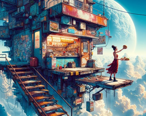 Whimsical Floating Diner Among Clouds with Burgers
