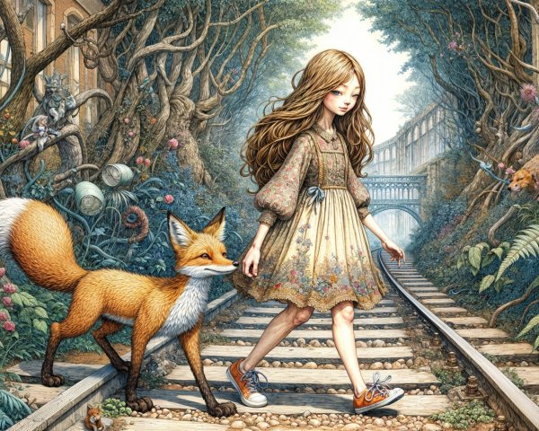 Young girl and fox on a railway track with foliage