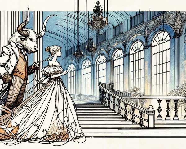 Whimsical Grand Ballroom Scene with Bull and Lady