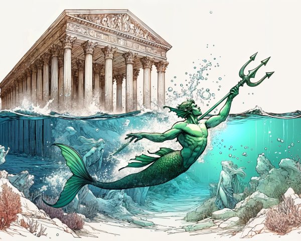 Vibrant Merman in Underwater Temple Scene