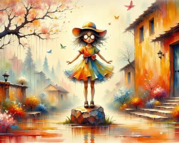 Whimsical Scene of a Girl in Colorful Dress by Waterway