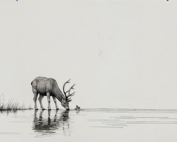 Serene Landscape with Deer Drinking from Water Body