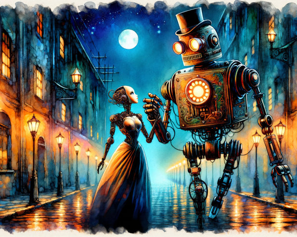Whimsical Robot and Vintage Lady in Moonlit City