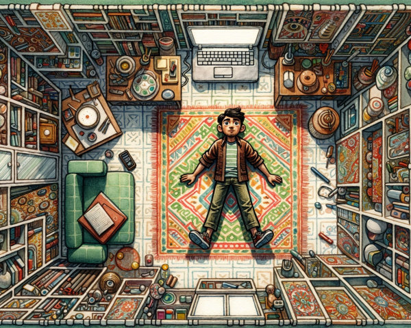 Detailed Room Layout with Boy on Colorful Rug