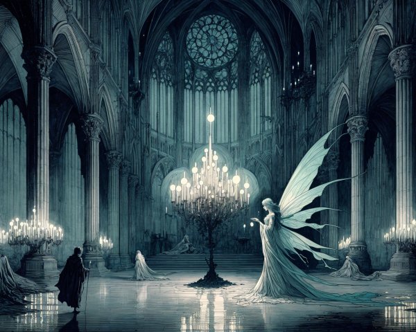 Gothic Cathedral with Ethereal Figure and Chandelier