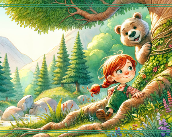 Cheerful girl with pigtails climbs tree in vibrant forest