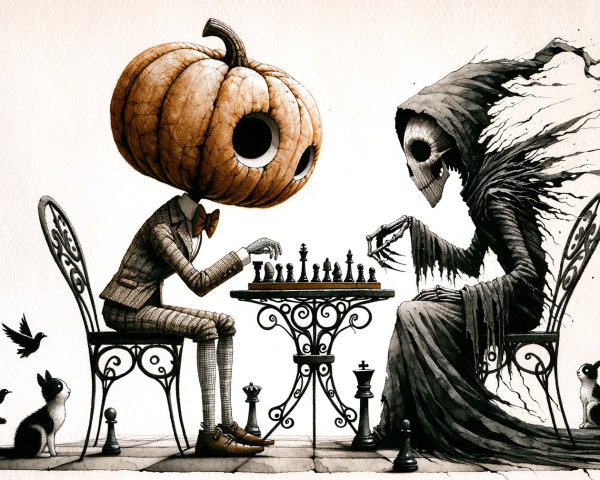 Whimsical Chess Game with Pumpkin and Skeleton Figures