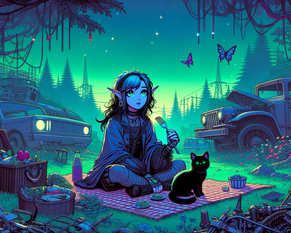 Elf and Cat Picnic in a Whimsical Forest Setting