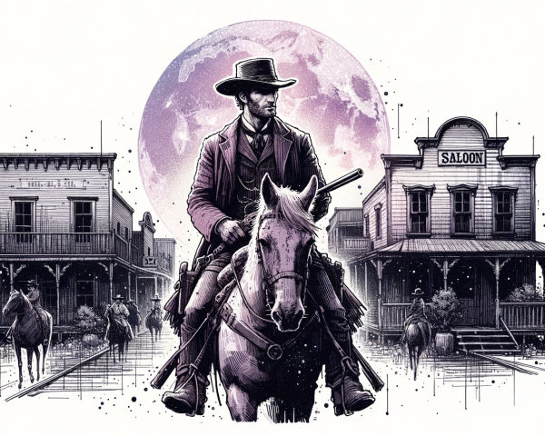 Gunslinger in Rugged Western Town Under Full Moon