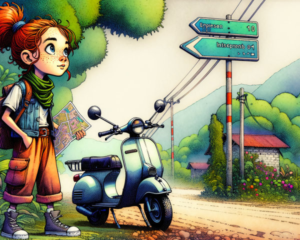 Young girl with red hair at a fork in the road