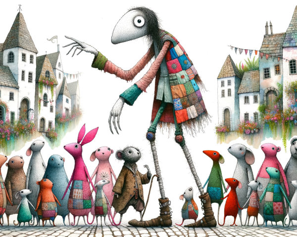 Whimsical Village Gathering with Colorful Animals