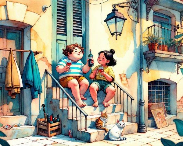 Children on Steps of Colorful Building in Summer