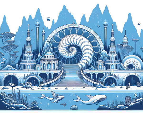 Surreal Landscape with Spiraling Towers and Aquatic Life
