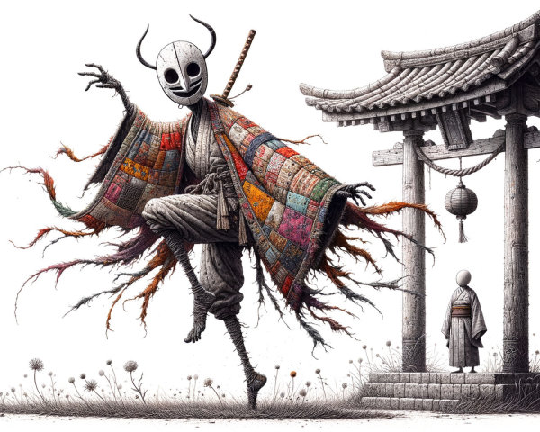 Whimsical Figure Dancing Near Traditional Asian Shrine