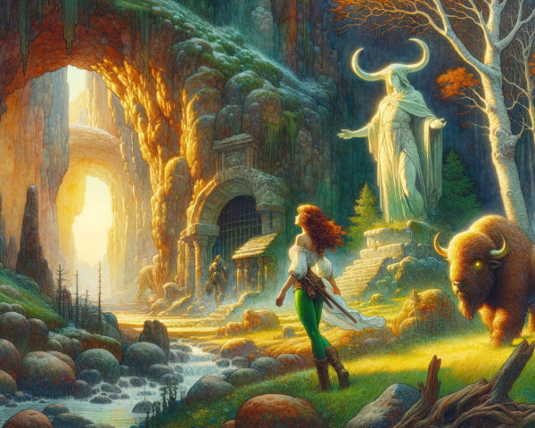 Mystical Landscape with Woman, Statue, and Nature Elements