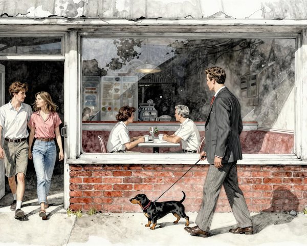Watercolor Scene of Man Walking Dachshund by Cafe