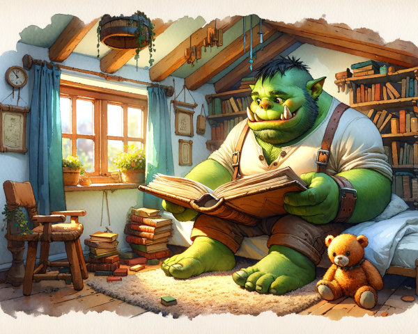 Ogre Reading in a Cozy Sunlit Room with Bookshelves