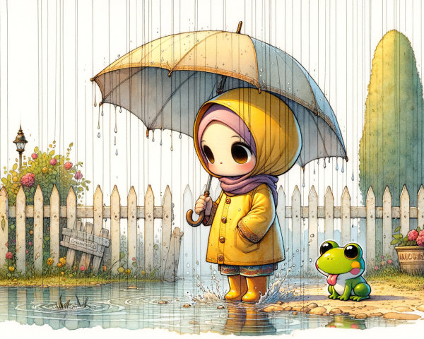 Child in yellow raincoat with frog by puddle