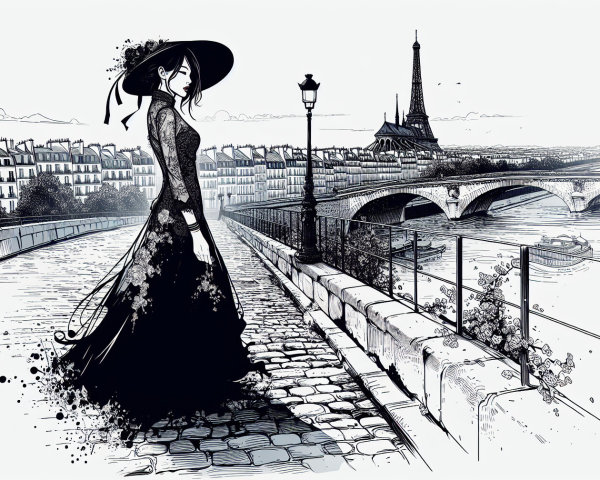 Elegant Figure in Black Gown by Seine in Paris