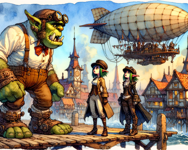 Steampunk City Scene with Goblin and Elves on Pier