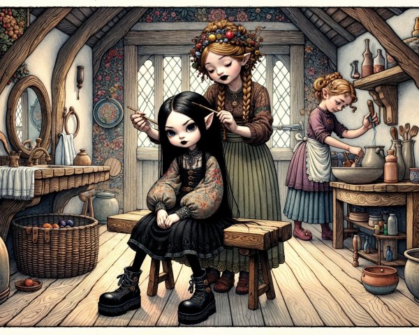 Cozy Scene of Girls Braiding Hair in Rustic Setting
