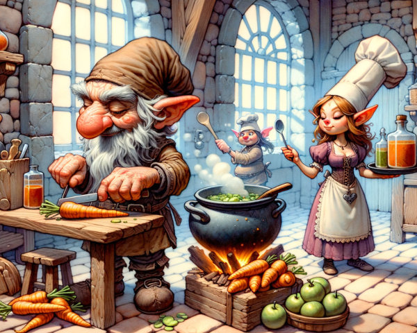 Medieval Kitchen Scene with Gnome and Elf Chef