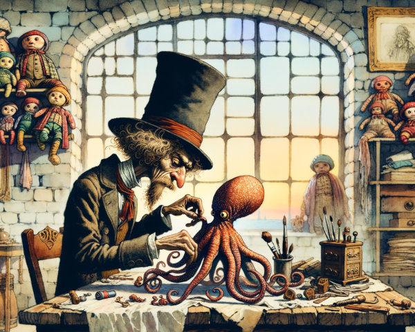 Whimsical Workshop with Craftsman and Lively Octopus
