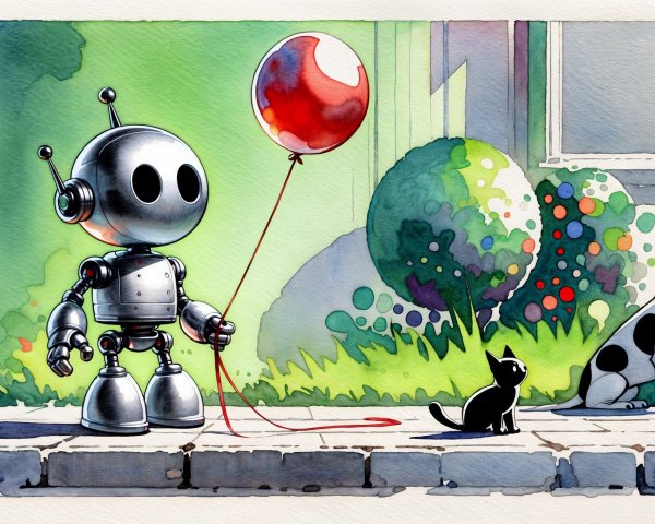 Cartoon Robot with Balloon Surrounded by Animals